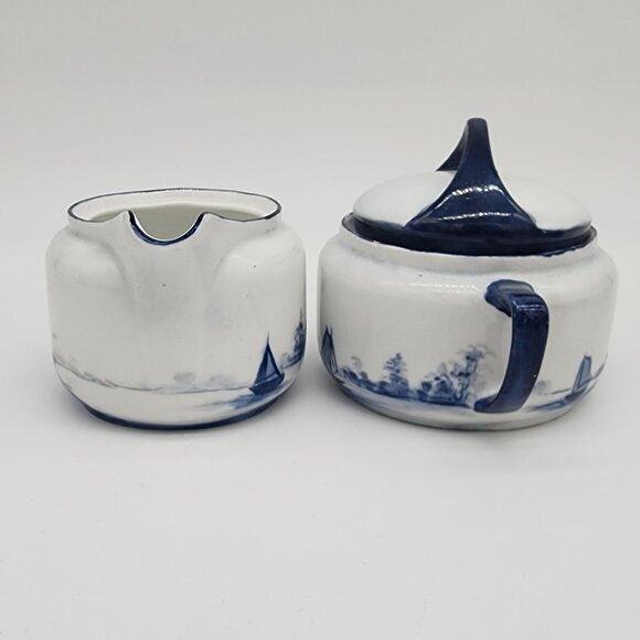 Blue and White Porcelain Cream and Sugar Bowl Nautical Lighthouse Sailboat VTG - Picture 5 of 11